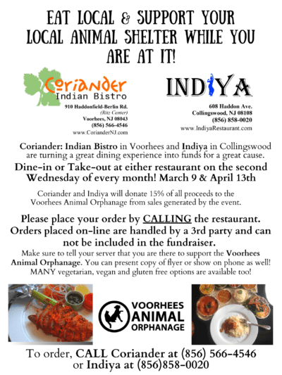 Dine & Donate at Coriander and Indiya! @ Coriander Indian Bistro in Voorhees and Indiya in Collingswood